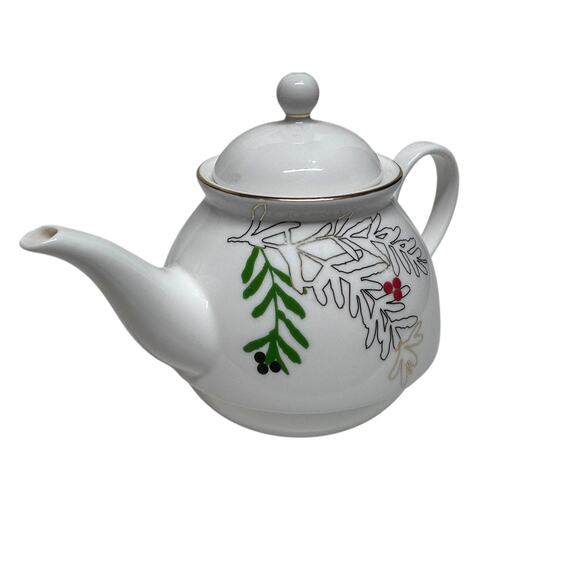 Lenox Merry and Bright Pine and Berry Teapot 24K Gold and Platinum Accents Rare! - Picture 4 of 12